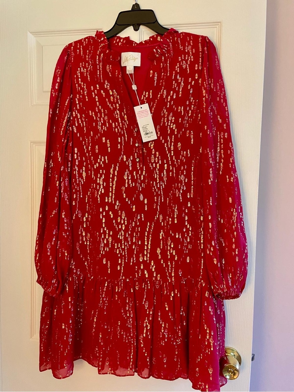 NWT Lilly Pulitzer size 12 Red Malbec Metallic gold Long Sleeve Dress Christmas